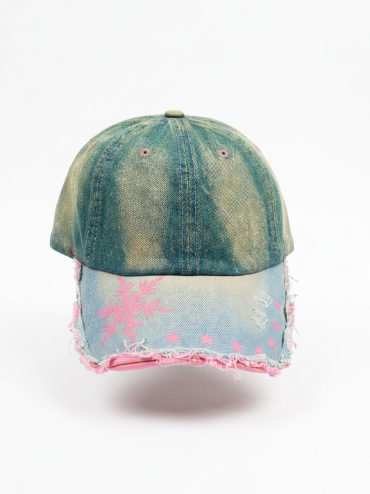 Vintage Washed Denim Cap – Pink Snowflake Embroidery | Premium Distressed Adjustable Unisex Baseball Cap