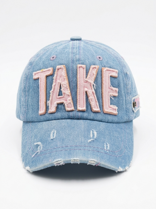 TAKE Premium Vintage Denim Cap – Light Blue | Distressed Embroidered Adjustable Unisex Baseball Cap